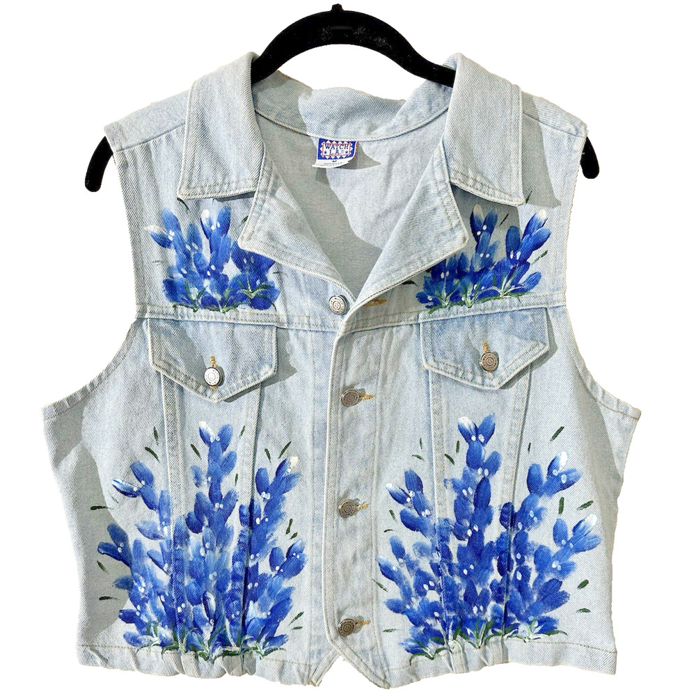 VTG 90s Watch LA Denim Vest Texas Painted Flowers Buttoned Western Boho